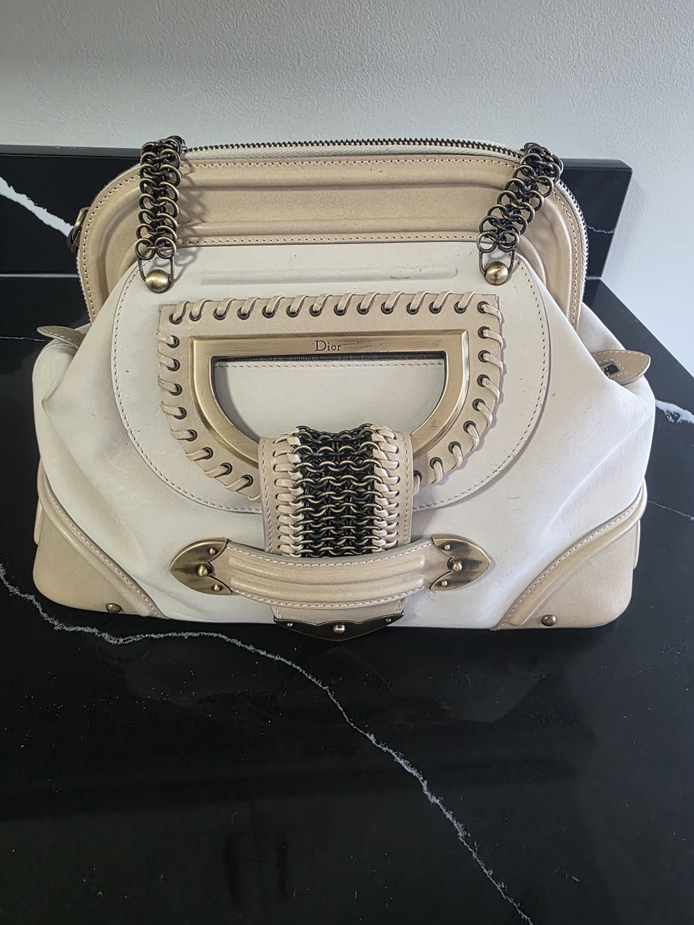 Dior Beige & Cream Leather Chain-Accent Shoulder Bag
